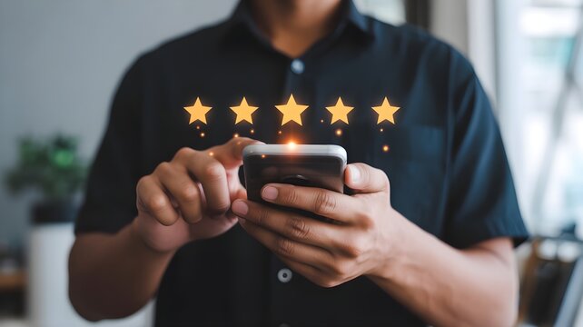 A man in a black shirt holds a smartphone with a glowing five-star rating hovering above it.