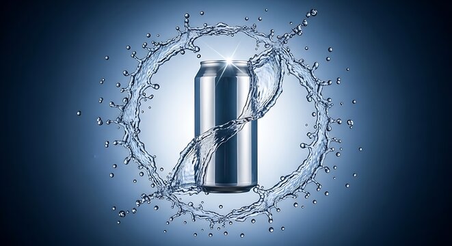 Splashing canned beverage emerging from water droplets in mid air