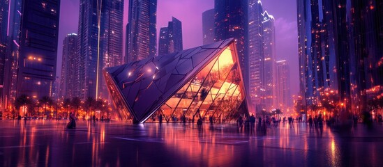Obraz premium Reflective Urban Night: Geometric Building, Purple Sky, and Neon City Lights