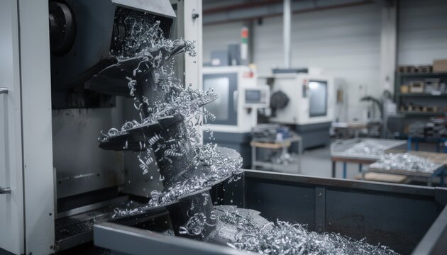 Medium shot of a spiral conveyor efficiently transporting steel chips away from a CNC lathe highlighting industrial metalworking and chip management in a manufacturing setting.