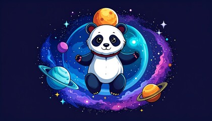 Fototapeta premium Cartoon panda in space with planets.