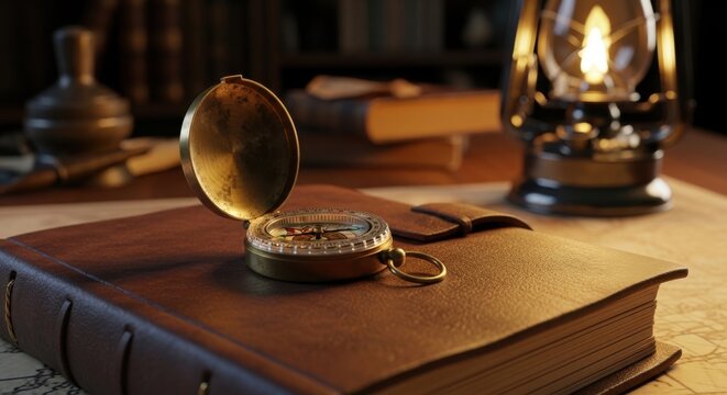 A Vintage Brass Pocket Compass Resting Open on a Leather-Bound Book, Evoking a Sense of Exploration and Adventure