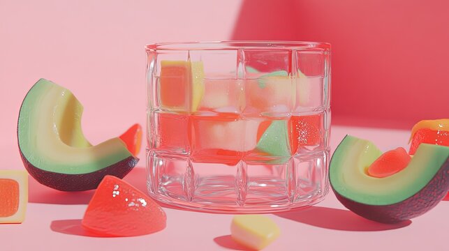 Refreshing Cocktail with Fruit-Shaped Ice Cubes and Avocado Slices, Pink Backdrop.
