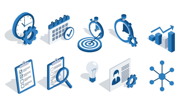 A set of blue isometric icons representing business management, time tracking, productivity, strategic planning, and workflow optimization tools.