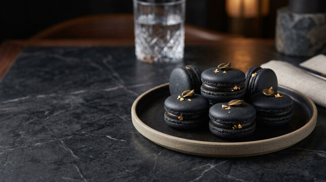 Luxury black charcoal macarons with gold leaf on dark marble fine dining dessert