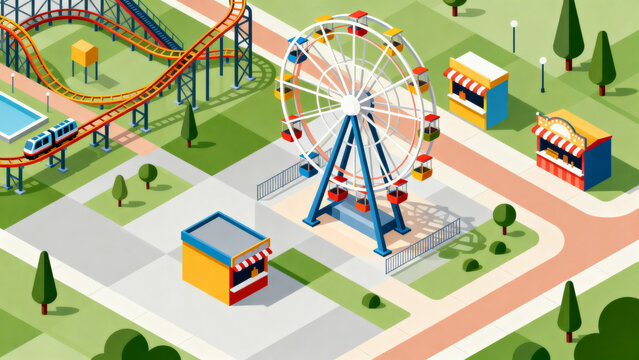 Vibrant Isometric Amusement Park with Ferris Wheel, Roller Coaster, and Food Stands