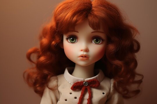 Redhead ball jointed doll with green eyes wearing a vintage style dress