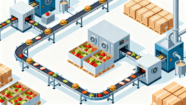 food production factory environment isometric vector illustration