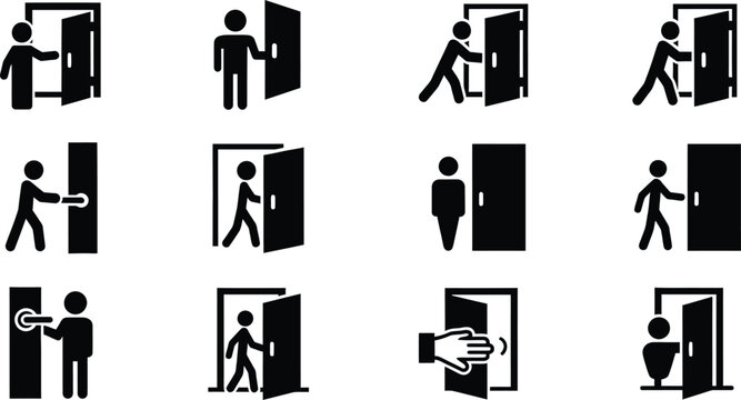 Collection of icons depicting people entering and exiting doors with way out entering silhouette