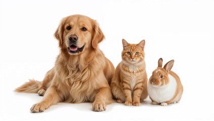 Obraz na płótnie Canvas Group of pets together: golden retriever dog, ginger cat and domestic rabbit on white background