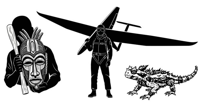 Tribal mask held by person with club and thorny lizard with kayaker carrying boat