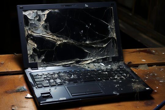 Damaged laptop with a smashed screen and dirty keyboard on a wooden desk
