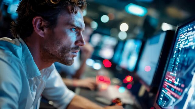 Focused engineer monitoring rocket launch data at a high-tech mission control station