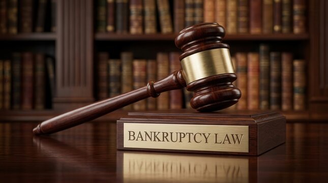 A judge's gavel resting on a wooden stand with bankruptcy law text.