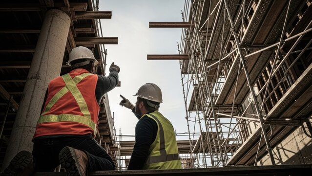 Two construction workers, in hardhats and vests, point upward, near scaffolding