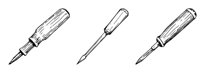 Fototapeta premium Vintage flathead screwdriver set with rough sketchy line art featuring wooden handle, metallic blade, historical tools with white background and illustration and vector