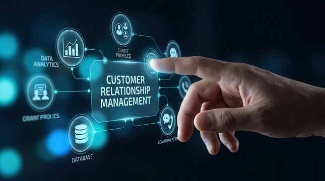 Customer Relationship Management CRM business technology concept with digital interface.