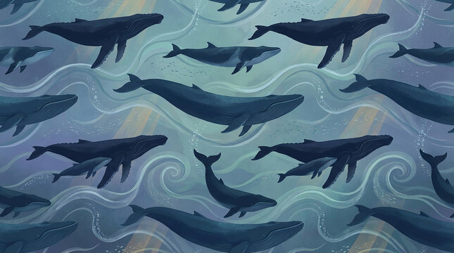 Whales swimming in ocean waves, aquatic pattern