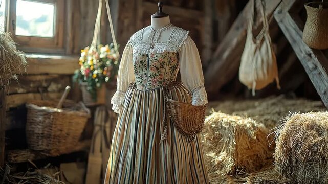 picardy embroidered dress on mannequin in countryside barn