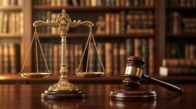 Golden scales of justice and a wooden judge's gavel hammer on a desk.