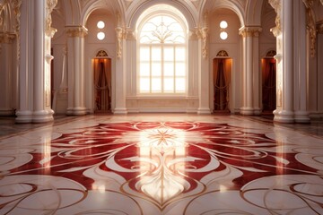 Obraz premium Empty opulent ballroom featuring decorative marble flooring and tall arched windows
