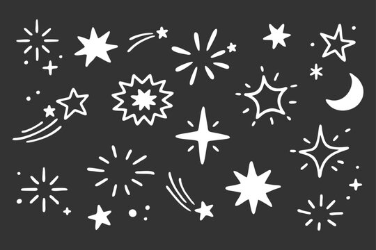 Hand-Drawn Starbursts and Celestial Elements on Black