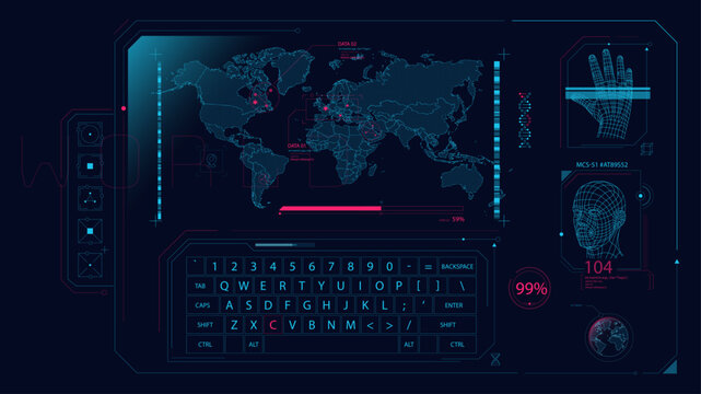 Control system with HUD interface, screen monitor with 3D earth globe, UI frames, charts, diagram, data. 5