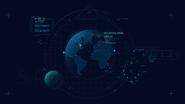 Control system with HUD interface, screen monitor with 3D earth globe, UI frames, charts, diagram, data. 9