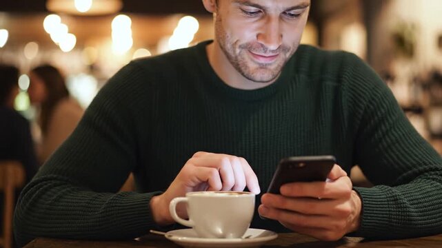 A smiling man in a cafe using his smartphone while a cup of coffee sits on the table