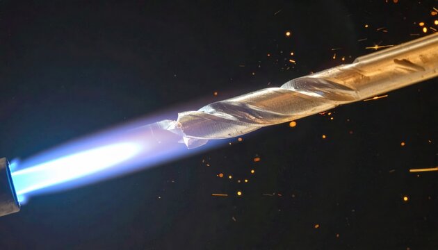 A drill bit ignites and burns with an intense white flame, sending sparks flying in a dramatic chemical reaction.