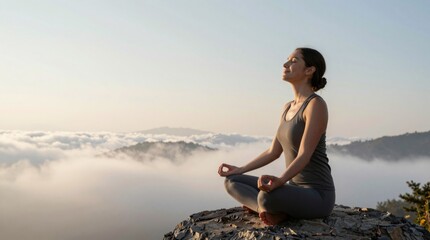 Fototapeta premium Serene Woman Meditating on Mountain Top Above the Clouds at Sunset