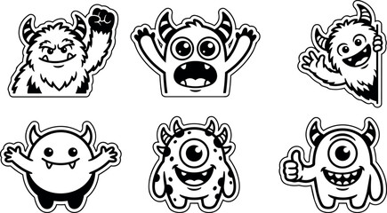 Fototapeta premium Black and white cute monster characters with horns and playful expressions cartoon vector art