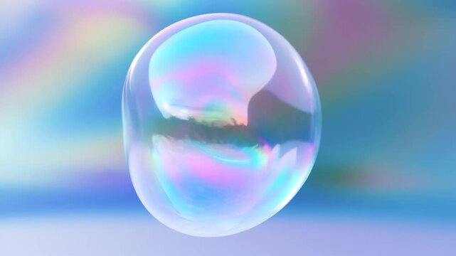  Iridescent transparent soap bubble floating on blue gradient background with rainbow reflection
