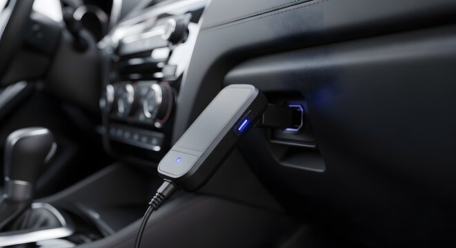 Modern smartphone charger plugged into a car's power outlet, providing convenient on-the-go charging for mobile devices.