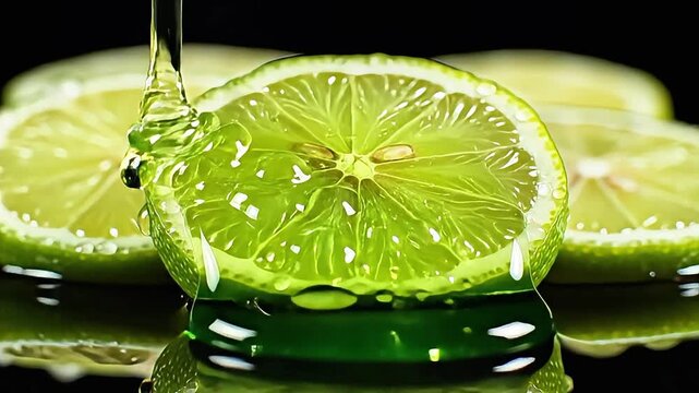 Vibrant lime slices glisten with water droplets, reflecting on a dark surface. A viscous, bright green liquid slowly pours onto a juicy citrus fruit, creating an enticing, refreshi
