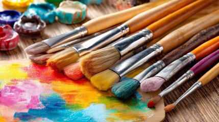 Obraz premium Colorful Paint Strokes on Canvas with Art Brushes Arrangement