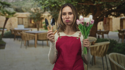 Fototapeta premium Woman gardener in a red apron holding a bouquet of pink tulips and two small trowels, sniffing flowers with a displeased frown in a stone courtyard; disgust frustration.