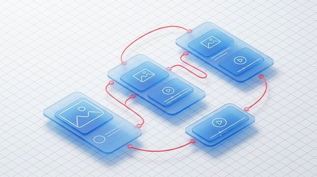 3D rendering of a UX UI flowchart showing mobile application process development.