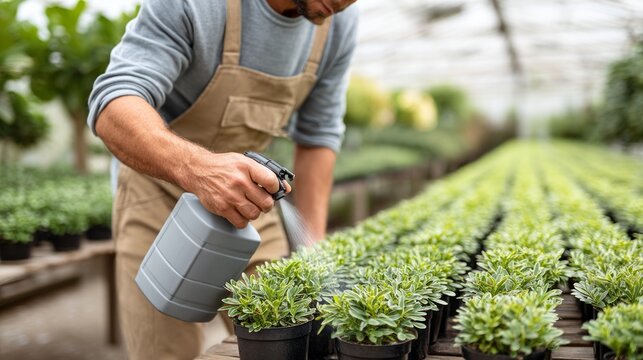 Gardener Using Handheld Sprayer for Liquid Fertilizer in Greenhouse