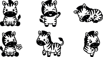Obraz premium Cute black and white baby zebra characters in various poses vector art