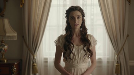 Fototapeta premium Elegant Young Woman in Vintage Dress Posing by Draped Window