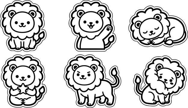 Cartoon lion line art set with cute facial expressions and poses