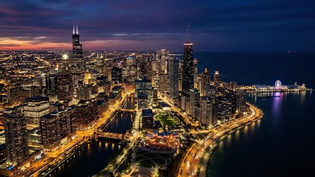 Chicago skyline panorama aerial view, expansive urban skyline after dark, Lake Michigan opening beside the downtown core, clean modern towers catching changing sky tones, featuring chicago,