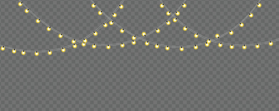 Golden string lights garland glowing festive decoration vector isolated on transparent background