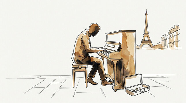 Minimalist watercolor sketch of a street musician playing piano in front of the Eiffel Tower in Paris