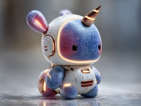 An adorable, futuristic robotic unicorn toy with a glittery blue body, transparent wings, and a striped horn, featuring a cute chibi face with big starry eyes and rosy cheeks.