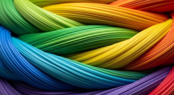 Close-up of a vibrant rainbow-colored braid made of yarn or thread.