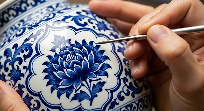 Person painting blue and white floral design on ceramic vase with small brush