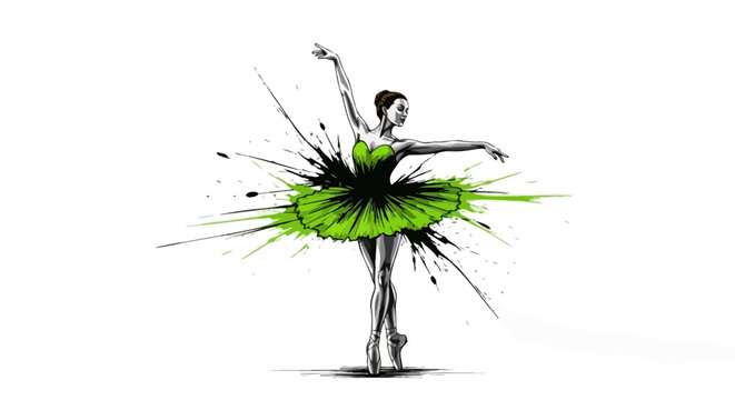 A beautiful ballerina in a green tutu dancing with vibrant movements
