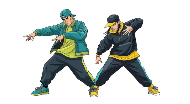 Two young men in casual streetwear clothing dancing energetically together